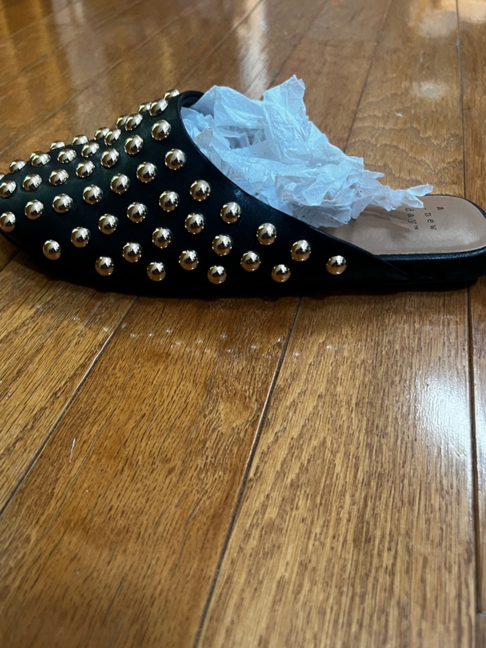 Studded Black Slip-On Mules with Gold Accents - Picture 12 of 13